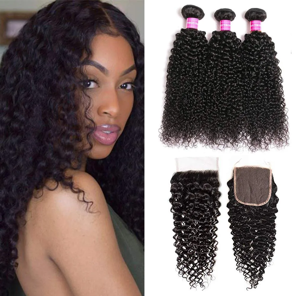 Peruvian Kinky Curly Bundles With 4×4 Closure 10A Grade 100% Human Remy Hair MYLOCKME