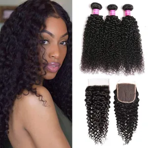 Peruvian Kinky Curly Bundles With 4×4 Closure 10A Grade 100% Human Remy Hair MYLOCKME