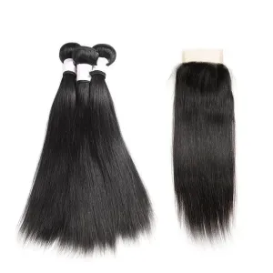 Peruvian Straight Human Hair Bundles with 4X4 Lace Closure