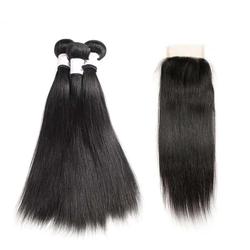 Peruvian Straight Human Hair Bundles with 4X4 Lace Closure