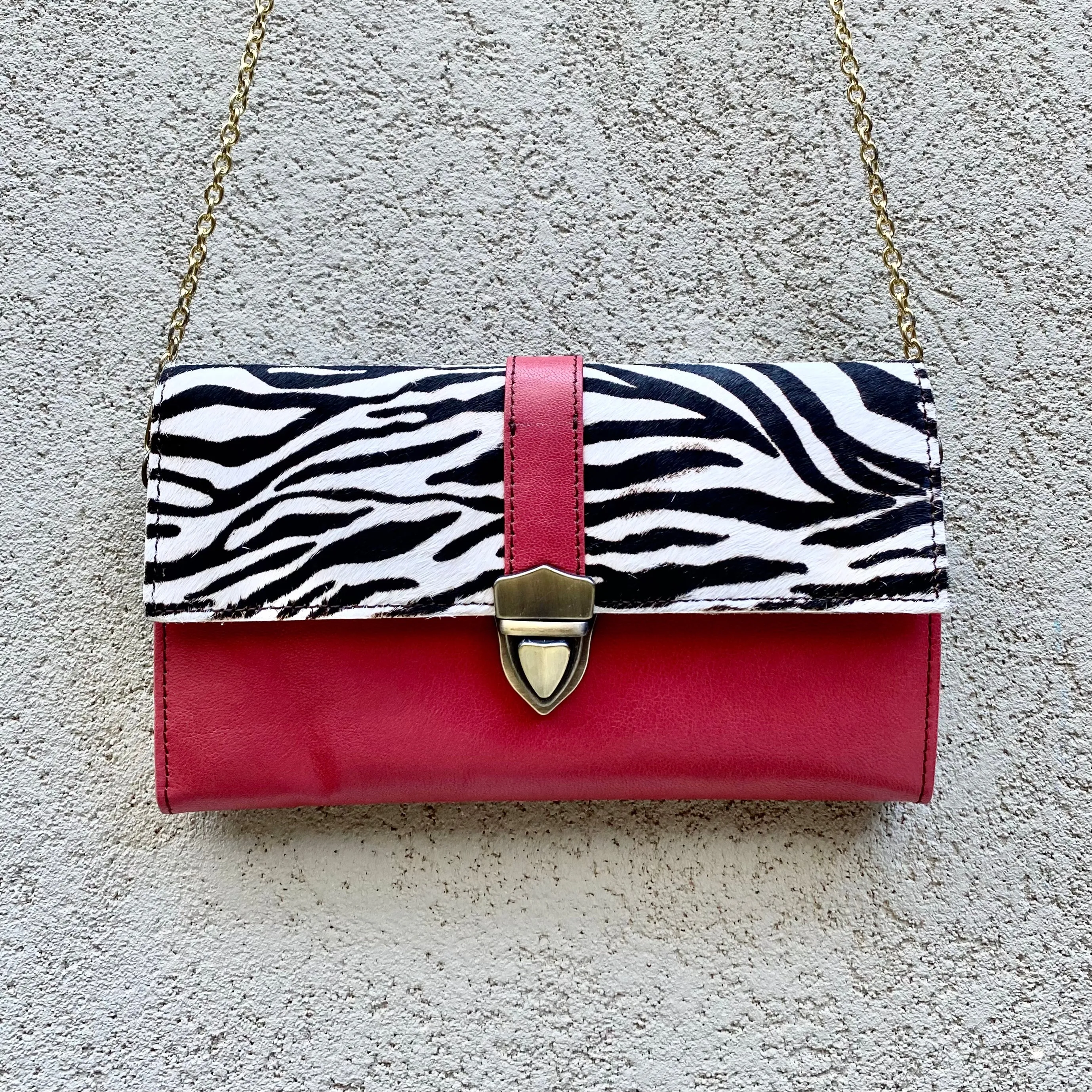 Pixie Cowhide and Leather Crossbody Wallet Clutch Bag- Zebra, Pink, Black