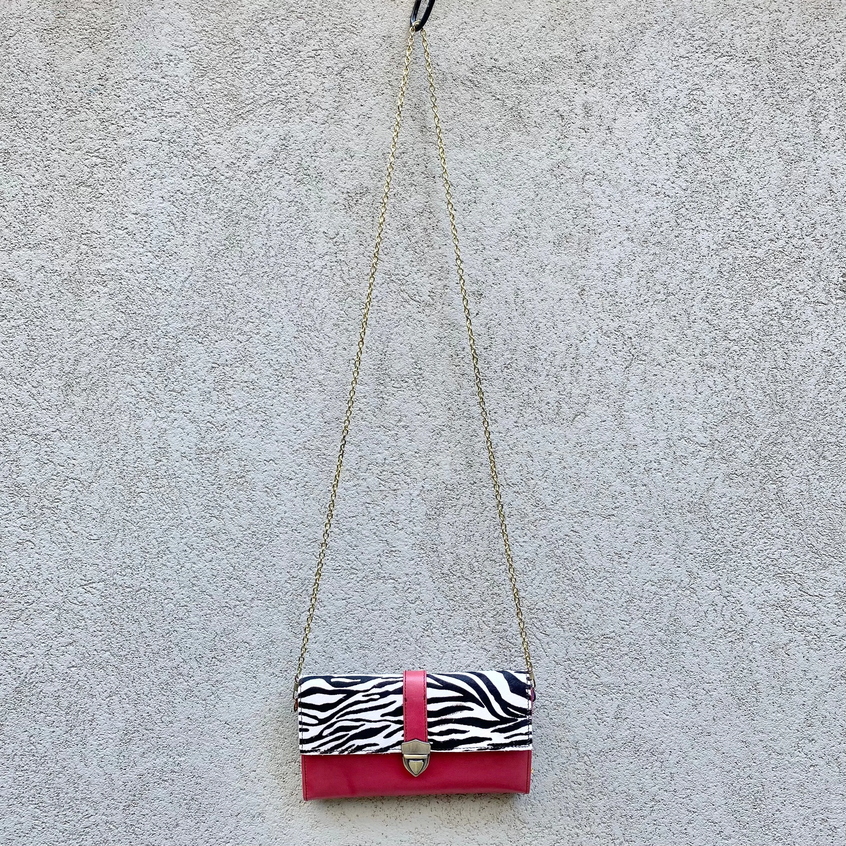 Pixie Cowhide and Leather Crossbody Wallet Clutch Bag- Zebra, Pink, Black