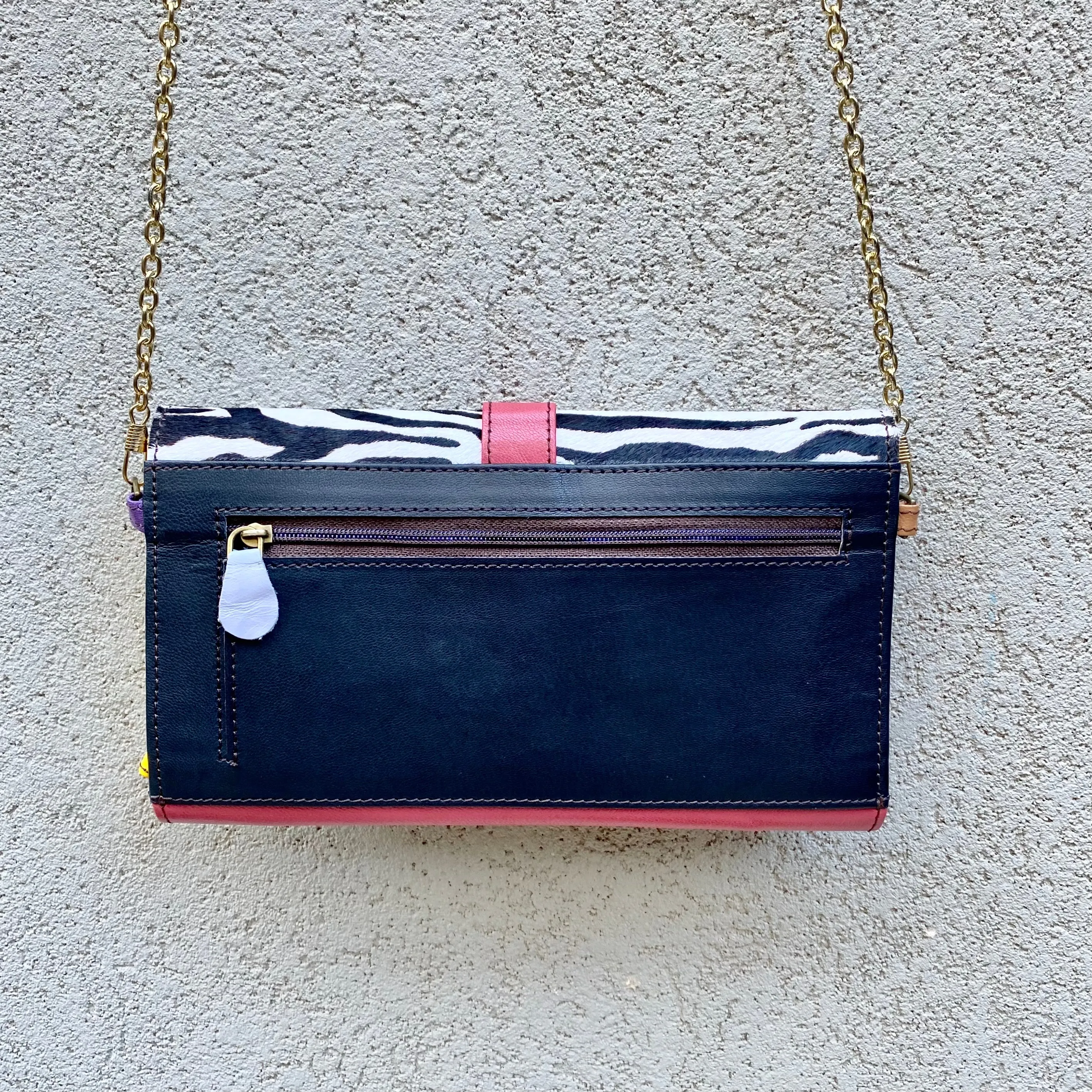Pixie Cowhide and Leather Crossbody Wallet Clutch Bag- Zebra, Pink, Black