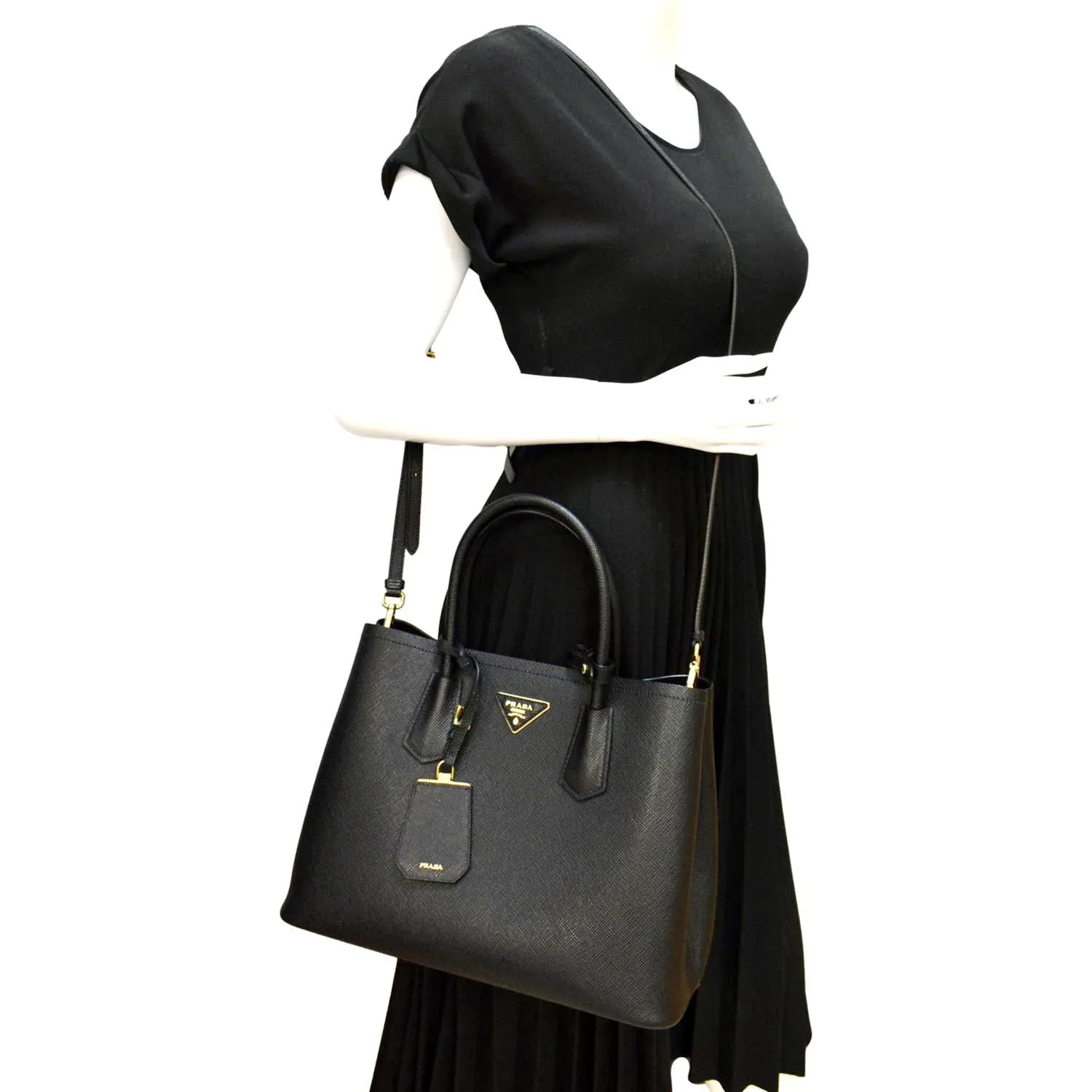 PRADA Double-Zip Saffiano Leather Shoulder Tote Bag Black
