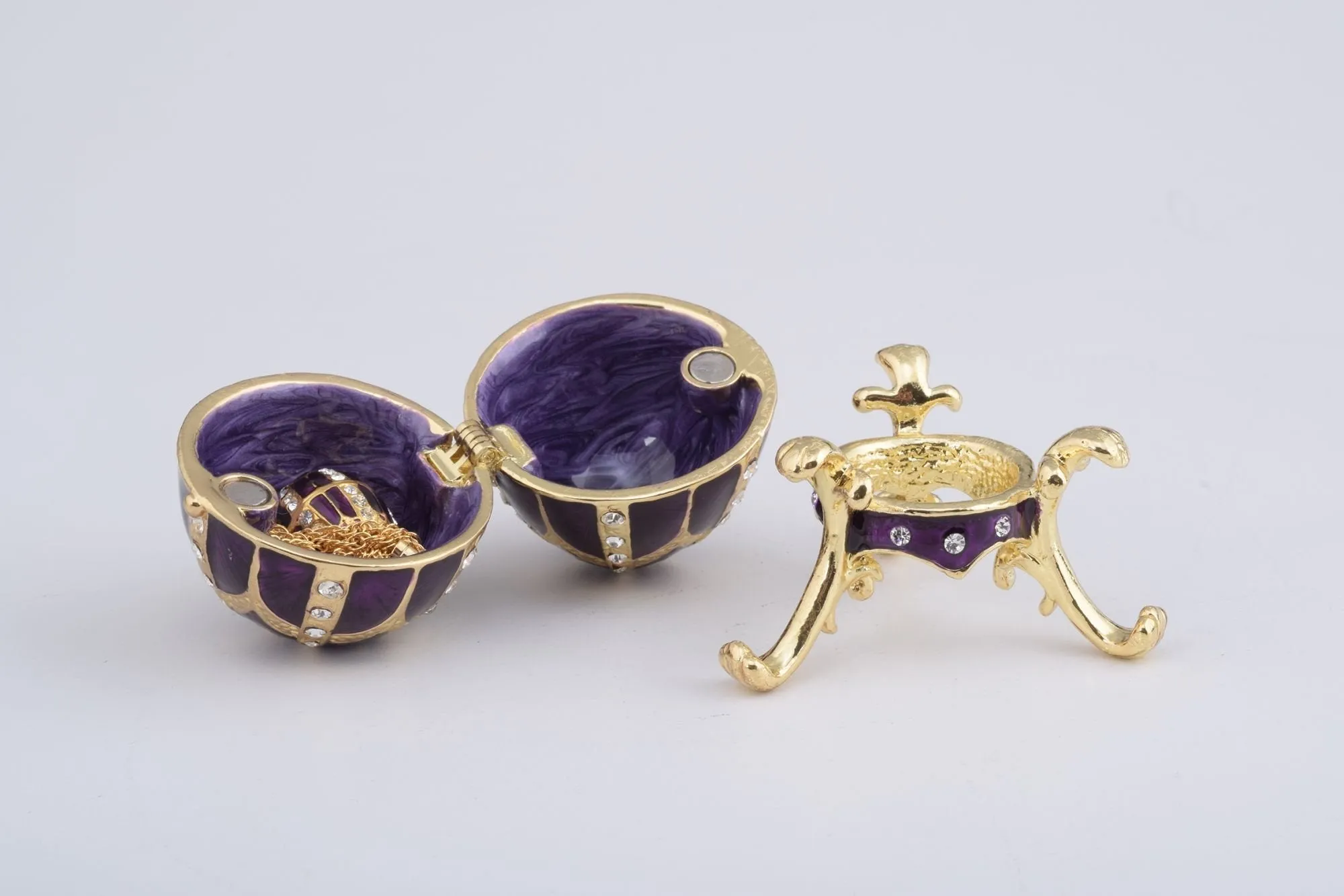 Purple Faberge Style Egg with an Egg Pendant Inside
