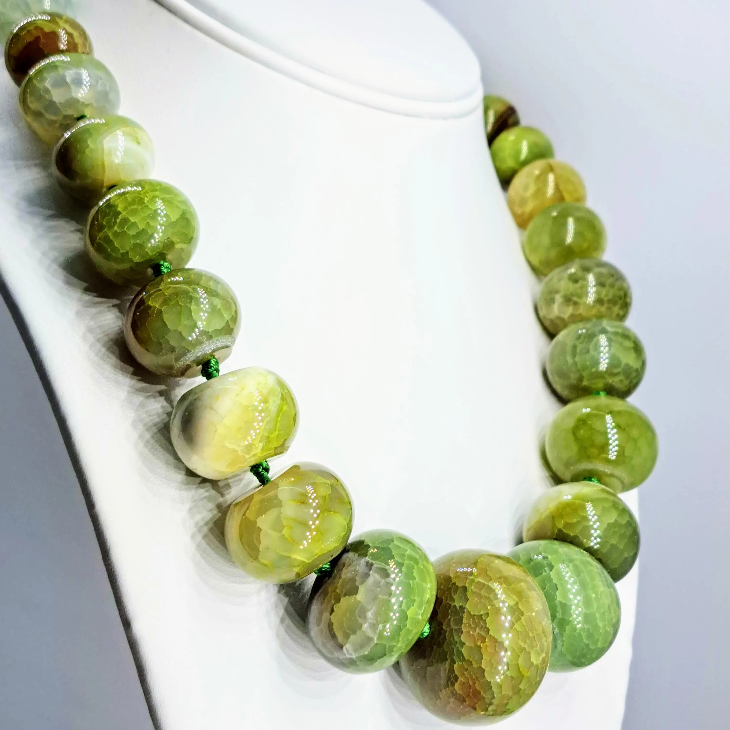 "Lady-Balls" 18"- 20" Necklace - Banded Green Agate, .925 Sterling