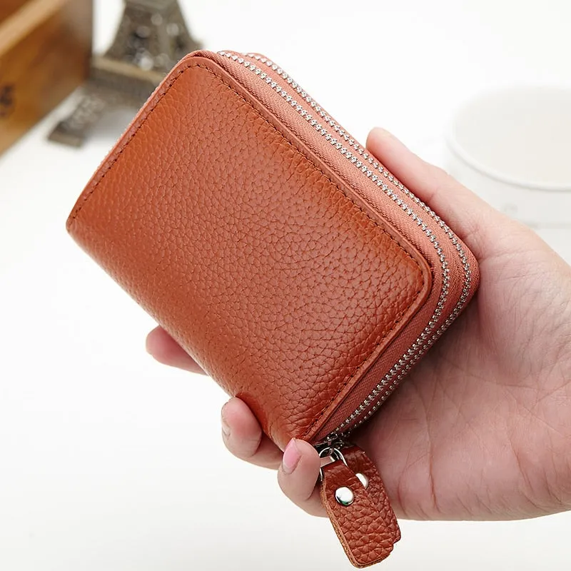 Realaiot Genuine Leather Men & Women Mini Short Wallet Cow Leather Coin Purse Solid Card Holder Accordion Card Slots Double Zipper Pocket
