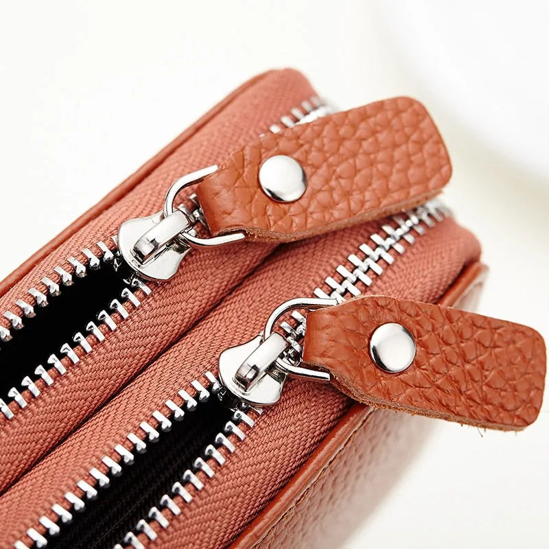 Realaiot Genuine Leather Men & Women Mini Short Wallet Cow Leather Coin Purse Solid Card Holder Accordion Card Slots Double Zipper Pocket