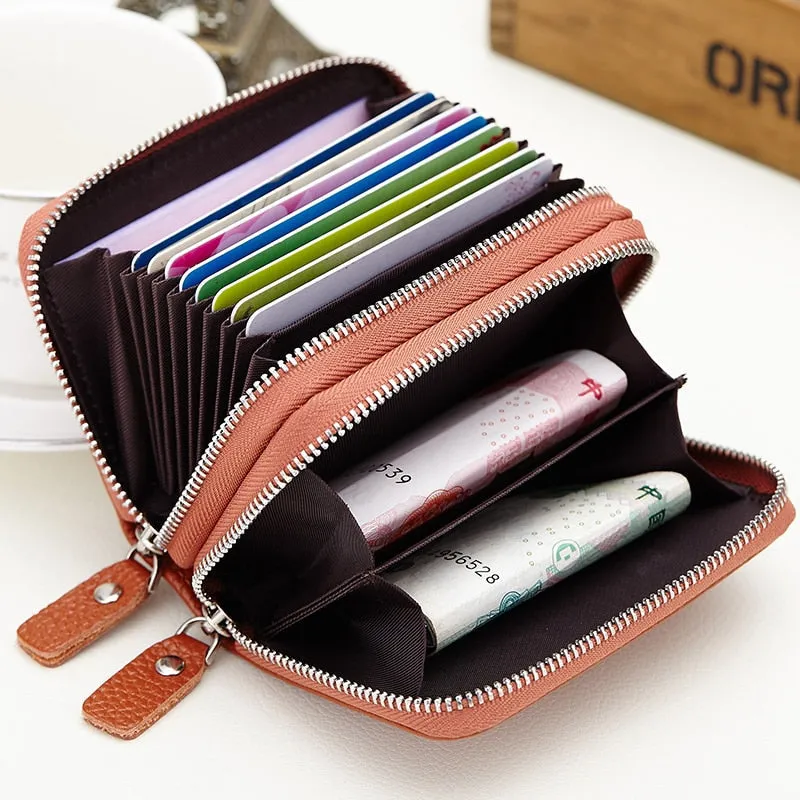 Realaiot Genuine Leather Men & Women Mini Short Wallet Cow Leather Coin Purse Solid Card Holder Accordion Card Slots Double Zipper Pocket