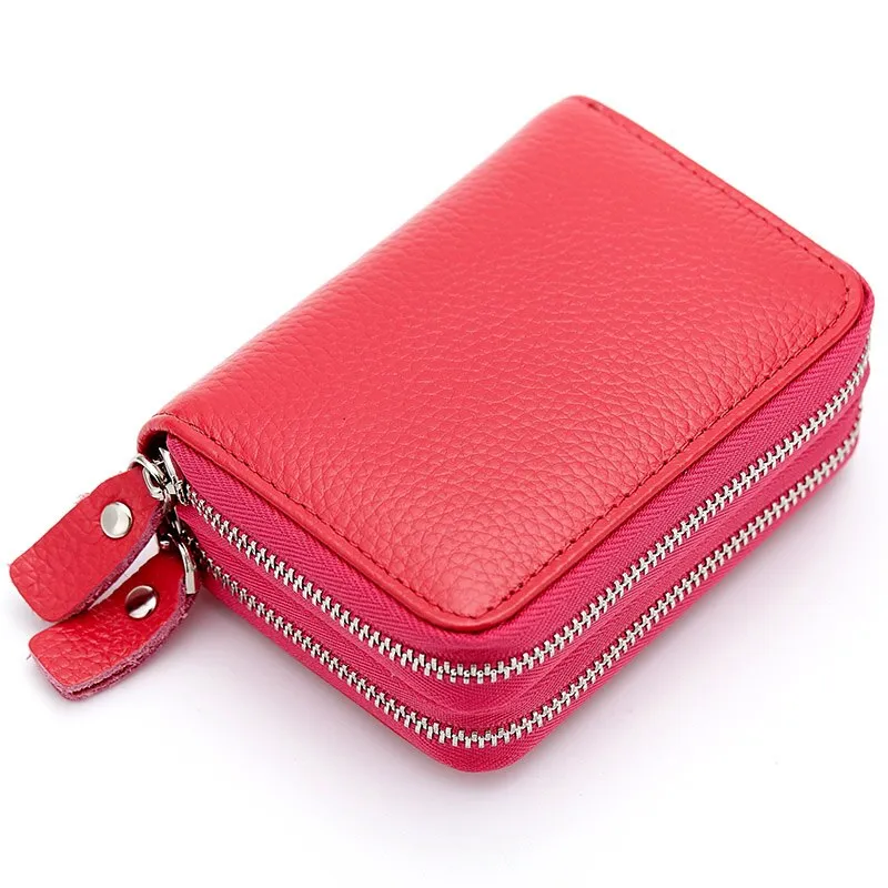 Realaiot Genuine Leather Men & Women Mini Short Wallet Cow Leather Coin Purse Solid Card Holder Accordion Card Slots Double Zipper Pocket