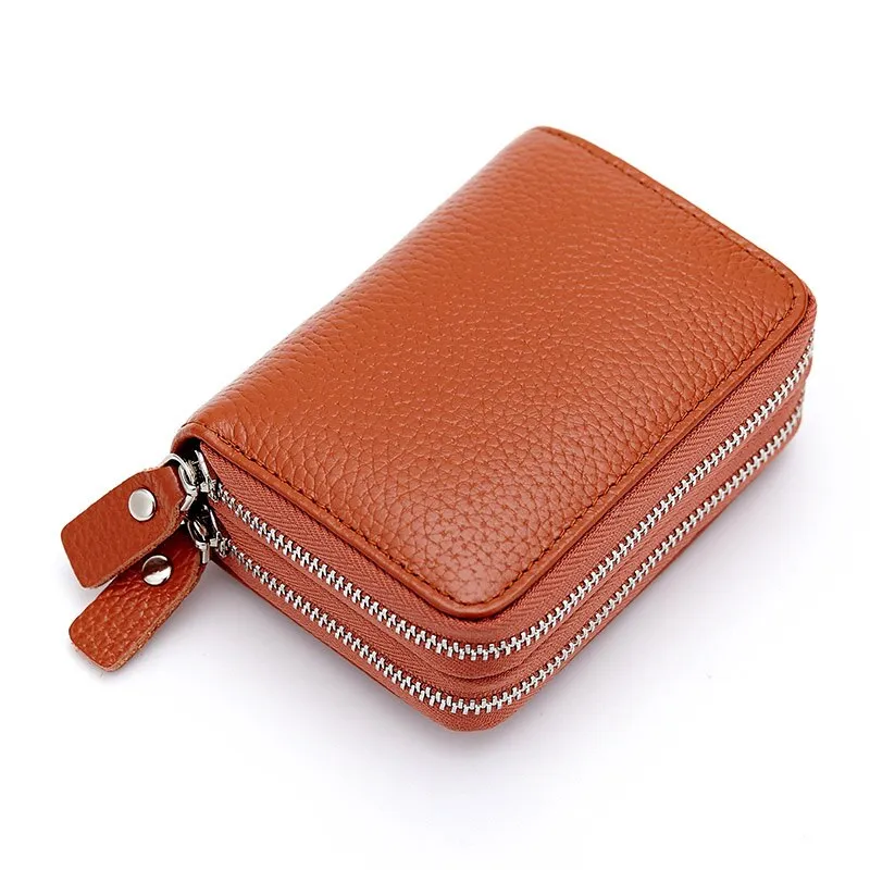 Realaiot Genuine Leather Men & Women Mini Short Wallet Cow Leather Coin Purse Solid Card Holder Accordion Card Slots Double Zipper Pocket