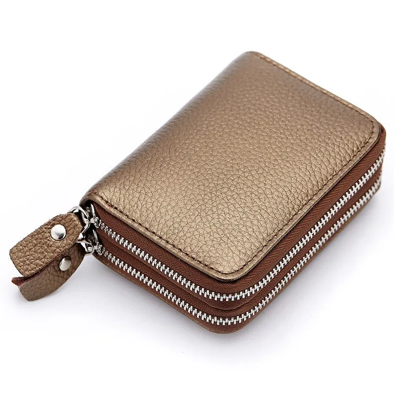 Realaiot Genuine Leather Men & Women Mini Short Wallet Cow Leather Coin Purse Solid Card Holder Accordion Card Slots Double Zipper Pocket