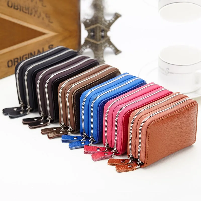 Realaiot Genuine Leather Men & Women Mini Short Wallet Cow Leather Coin Purse Solid Card Holder Accordion Card Slots Double Zipper Pocket