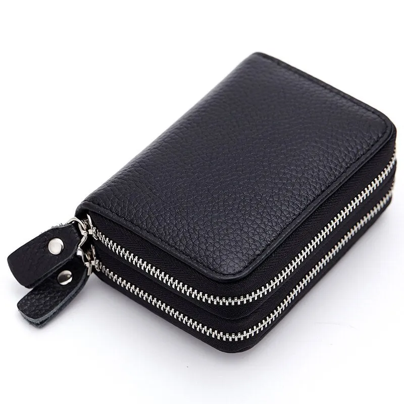 Realaiot Genuine Leather Men & Women Mini Short Wallet Cow Leather Coin Purse Solid Card Holder Accordion Card Slots Double Zipper Pocket