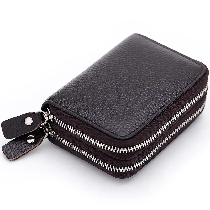 Realaiot Genuine Leather Men & Women Mini Short Wallet Cow Leather Coin Purse Solid Card Holder Accordion Card Slots Double Zipper Pocket