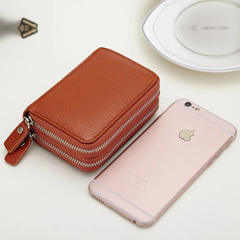 Realaiot Genuine Leather Men & Women Mini Short Wallet Cow Leather Coin Purse Solid Card Holder Accordion Card Slots Double Zipper Pocket