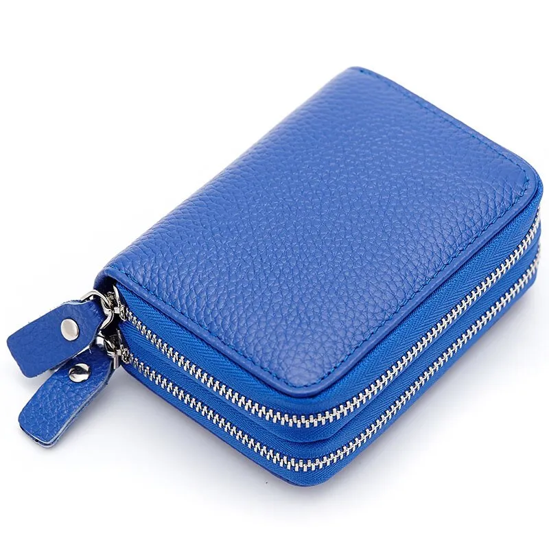 Realaiot Genuine Leather Men & Women Mini Short Wallet Cow Leather Coin Purse Solid Card Holder Accordion Card Slots Double Zipper Pocket