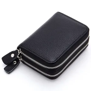 Realaiot Genuine Leather Men & Women Mini Short Wallet Cow Leather Coin Purse Solid Card Holder Accordion Card Slots Double Zipper Pocket