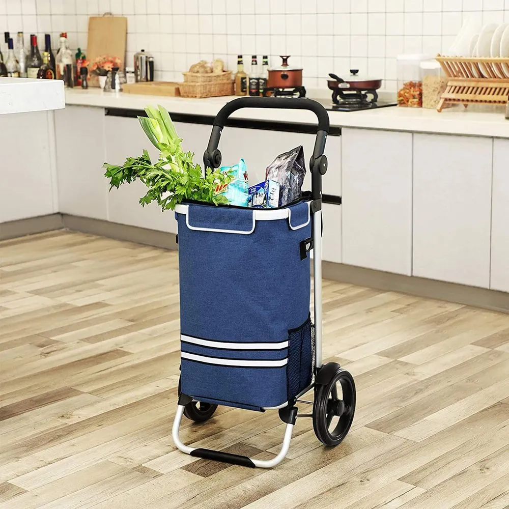 Rootz Shopping Trolley - Shopping Cart - Foldable Shopping Trolley - With Cooling Compartment - Grocery Trolley With Wheels - Fold-up Shopping Carrier - 600D Polyester - Blue - 44 x 27 x 100 cm (L x W x H)