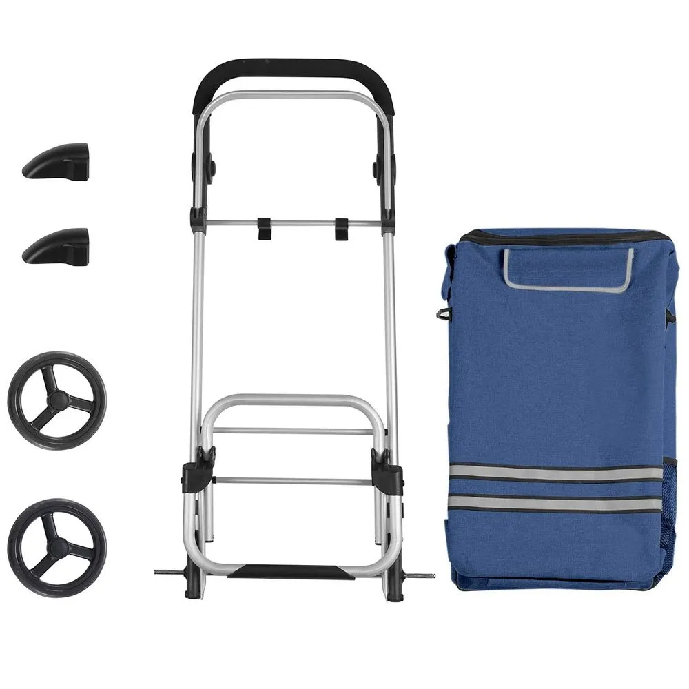 Rootz Shopping Trolley - Shopping Cart - Foldable Shopping Trolley - With Cooling Compartment - Grocery Trolley With Wheels - Fold-up Shopping Carrier - 600D Polyester - Blue - 44 x 27 x 100 cm (L x W x H)