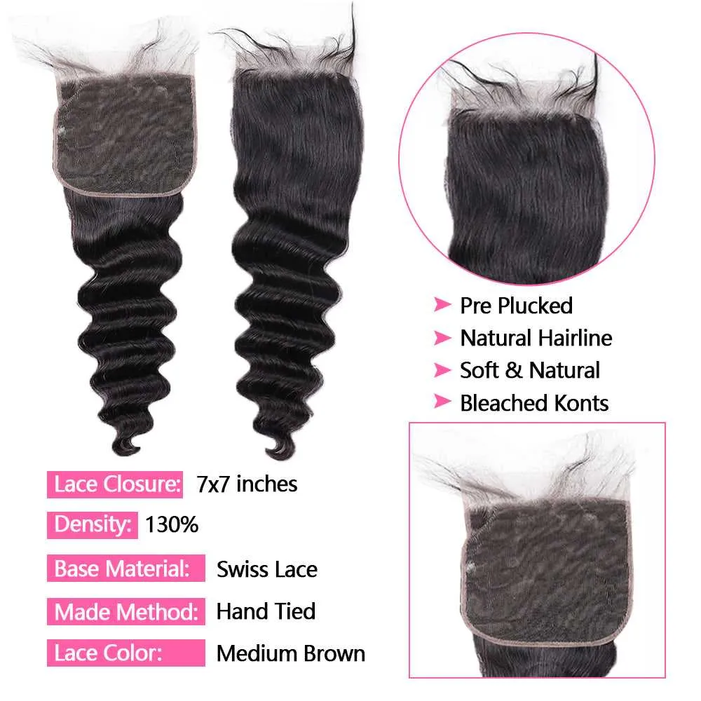 Sdamey Brazilian Loose Deep Human Hair 7X7 Lace Closure