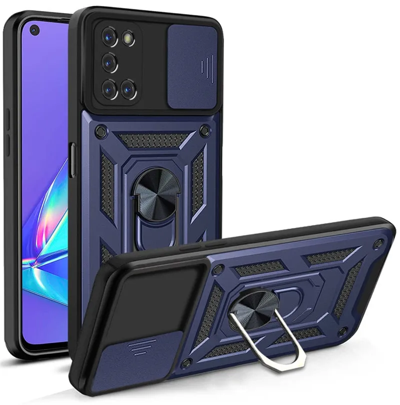 Shockproof Armor Magnetic Case For OPPO Phone With Ring Holder Kickstand And Sliding Camera Protection Cover