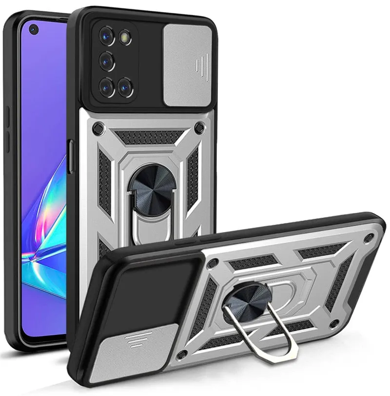 Shockproof Armor Magnetic Case For OPPO Phone With Ring Holder Kickstand And Sliding Camera Protection Cover