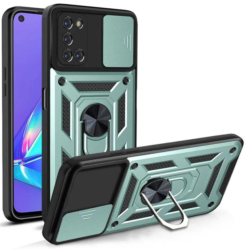 Shockproof Armor Magnetic Case For OPPO Phone With Ring Holder Kickstand And Sliding Camera Protection Cover