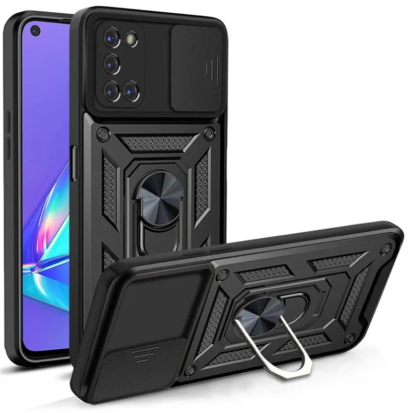 Shockproof Armor Magnetic Case For OPPO Phone With Ring Holder Kickstand And Sliding Camera Protection Cover