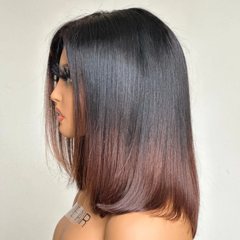 Shoulder Length Straight Brown Ombre Human Hair Lace Closure Wig