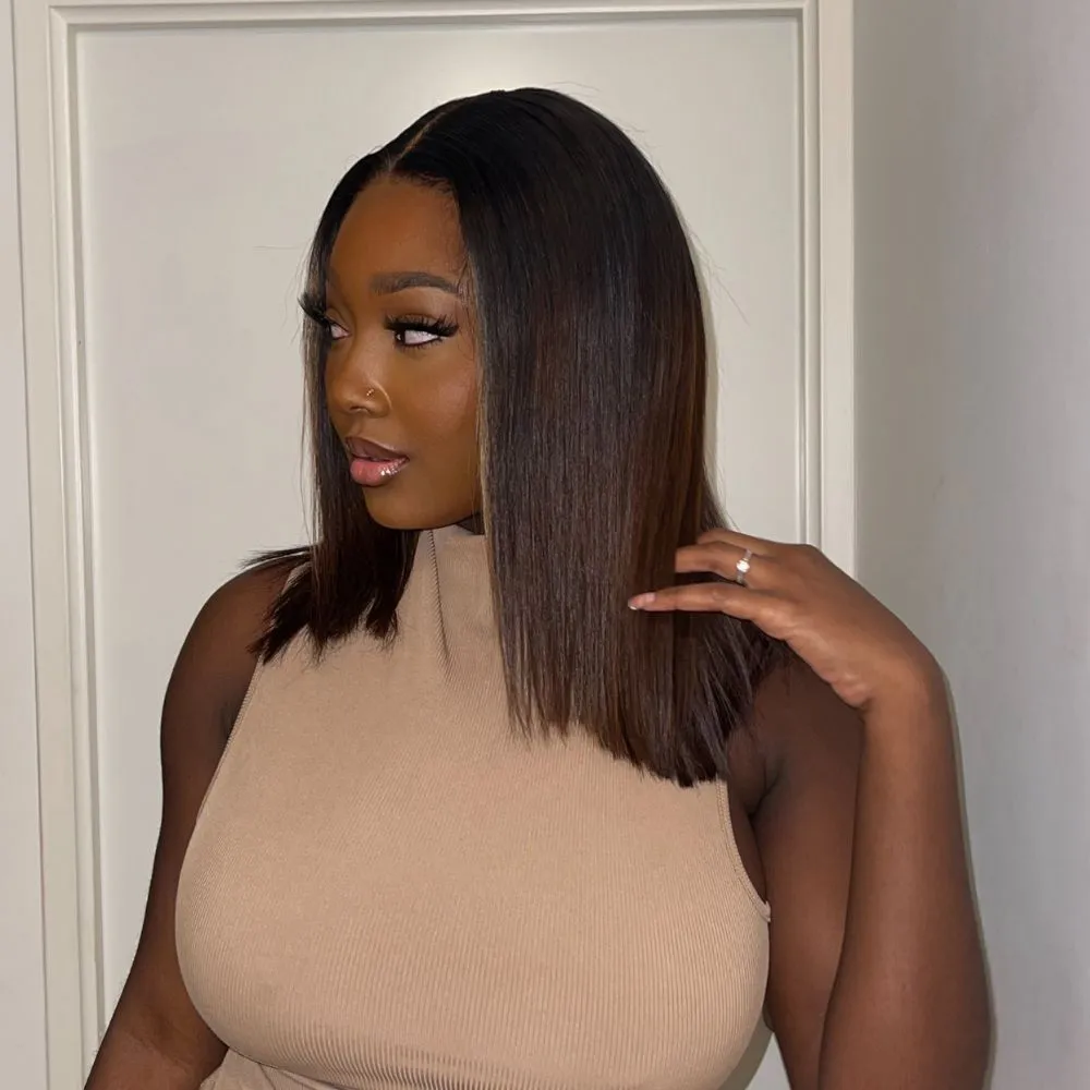Shoulder Length Straight Brown Ombre Human Hair Lace Closure Wig