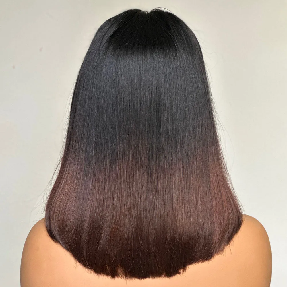 Shoulder Length Straight Brown Ombre Human Hair Lace Closure Wig