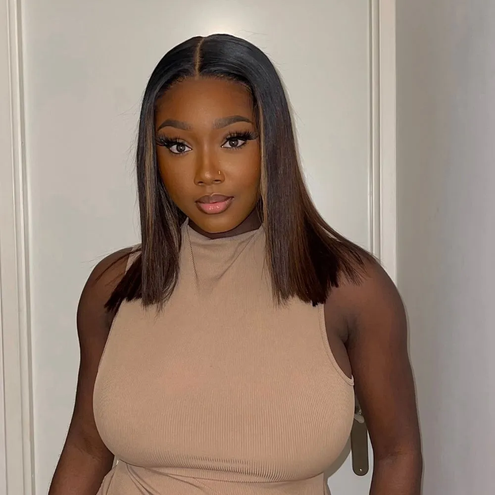 Shoulder Length Straight Brown Ombre Human Hair Lace Closure Wig