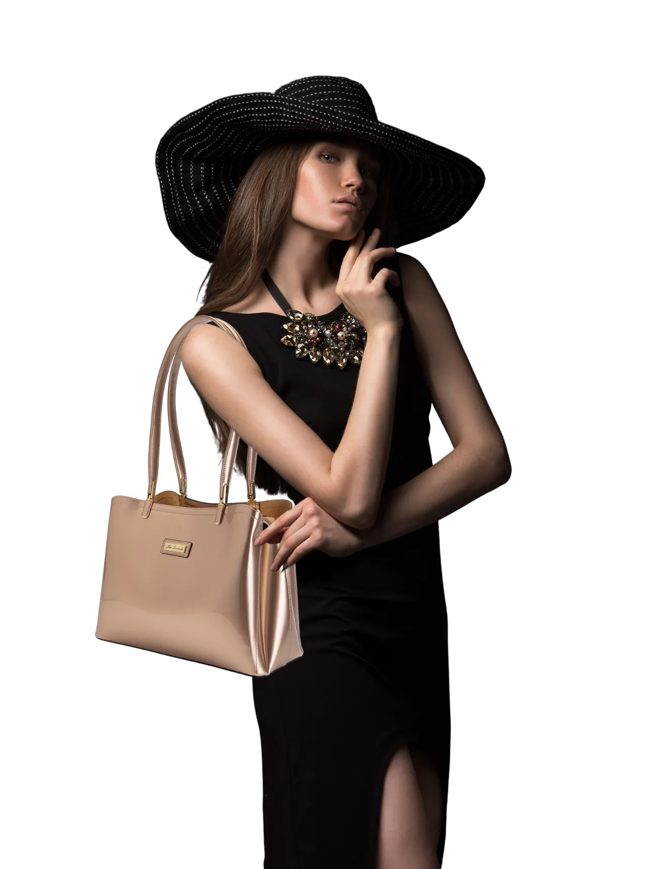 SOFIA VEGAN PATENT TRIPLE COMPARTMENT BAG- XB-2414-RGLD-SALE