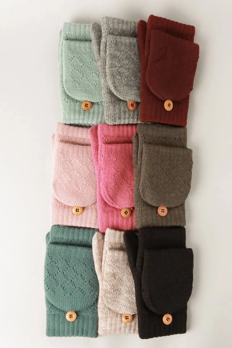 Solid Knit Convertible Fingerless Mittens Gloves: LIGHT PINK / One Size
