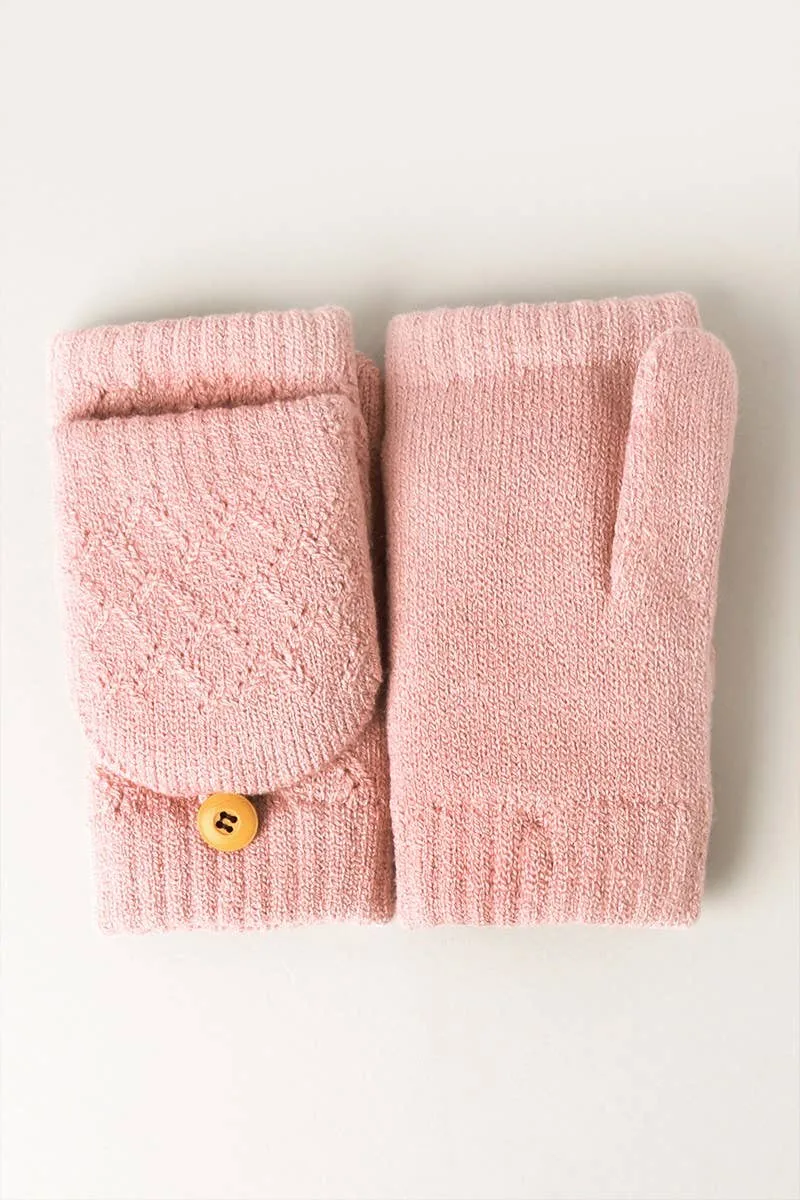 Solid Knit Convertible Fingerless Mittens Gloves: LIGHT PINK / One Size