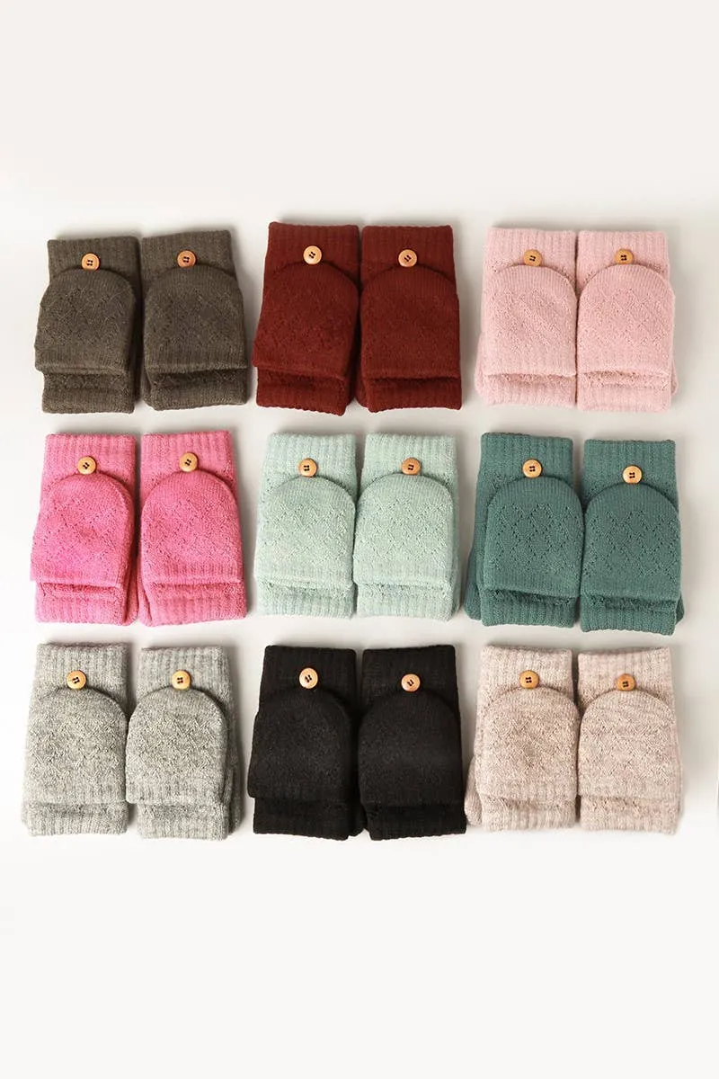 Solid Knit Convertible Fingerless Mittens Gloves: LIGHT PINK / One Size