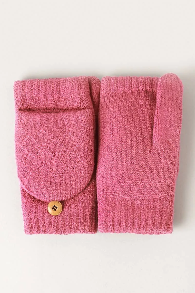 Solid Knit Convertible Fingerless Mittens Gloves: LIGHT PINK / One Size