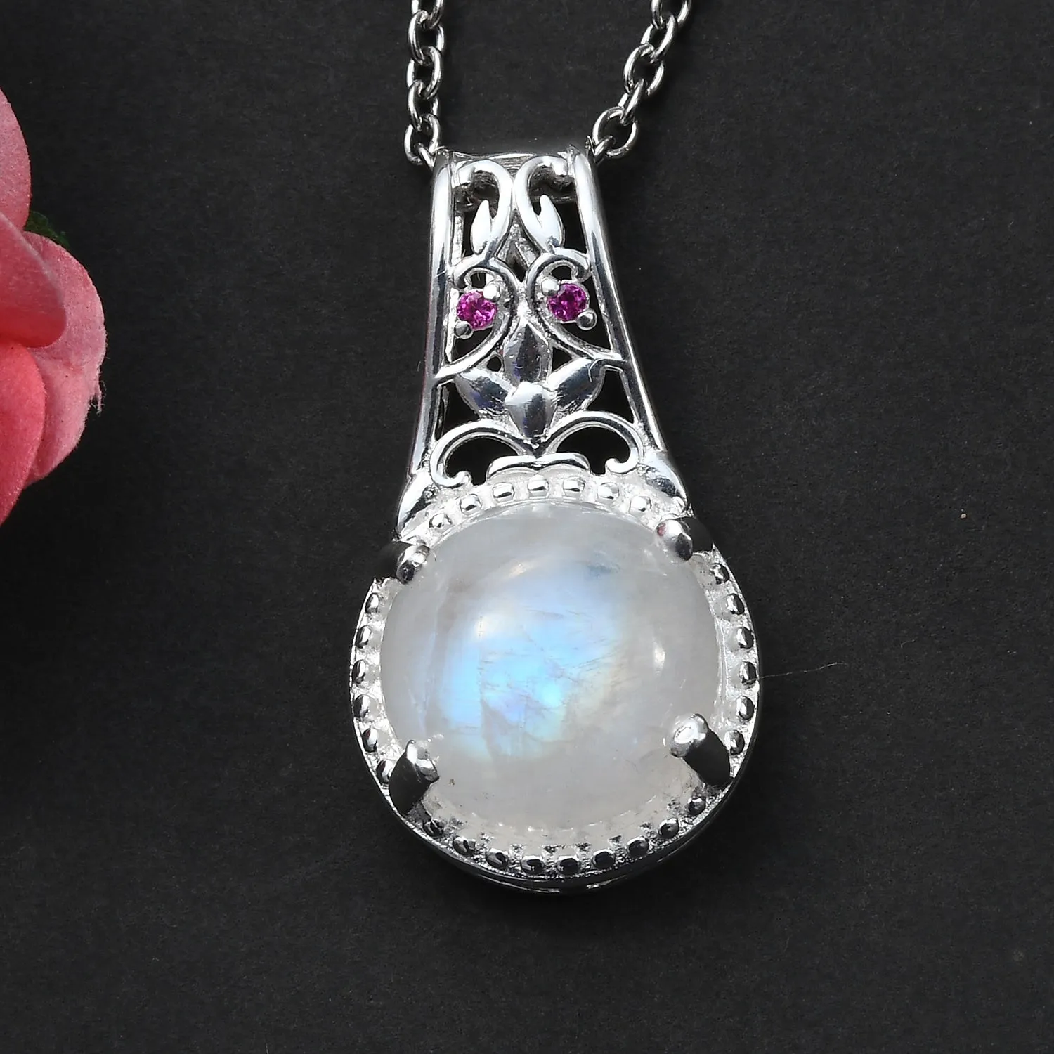 Sterling Silver 3 cts Rainbow Moonstone & Red CZ Pendant with Stainless 20" Chain
