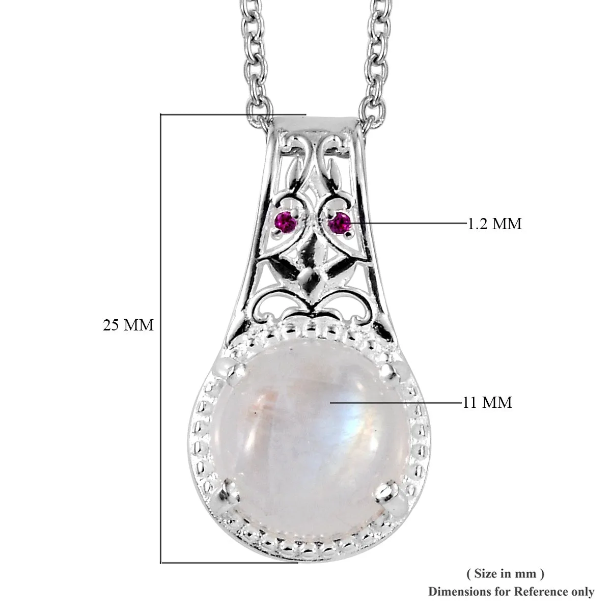 Sterling Silver 3 cts Rainbow Moonstone & Red CZ Pendant with Stainless 20" Chain