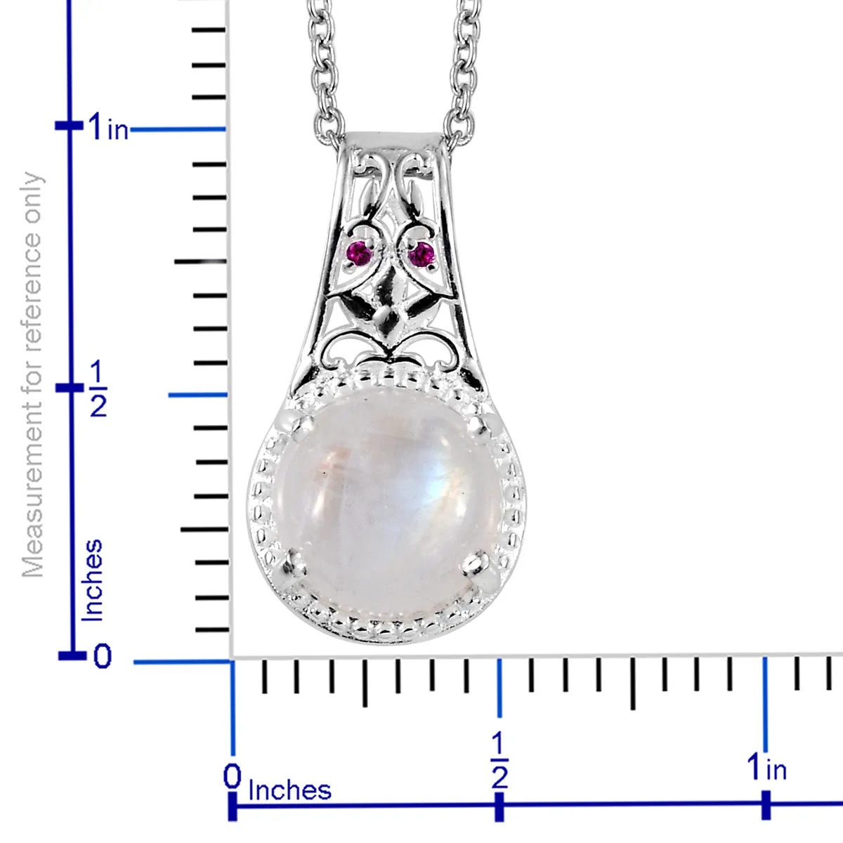Sterling Silver 3 cts Rainbow Moonstone & Red CZ Pendant with Stainless 20" Chain