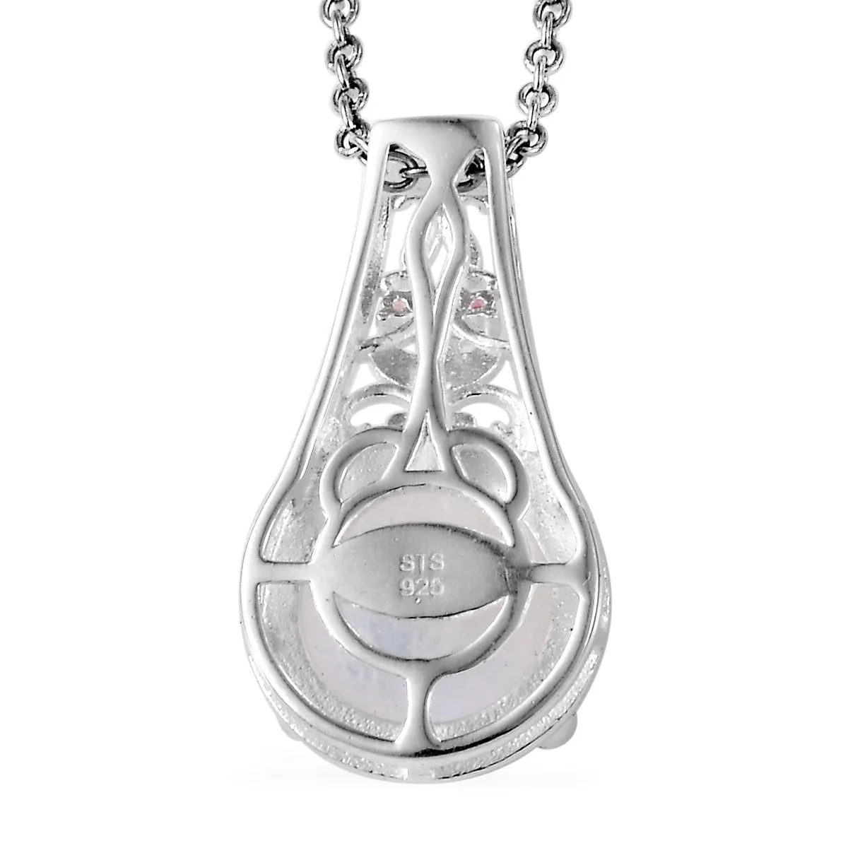 Sterling Silver 3 cts Rainbow Moonstone & Red CZ Pendant with Stainless 20" Chain