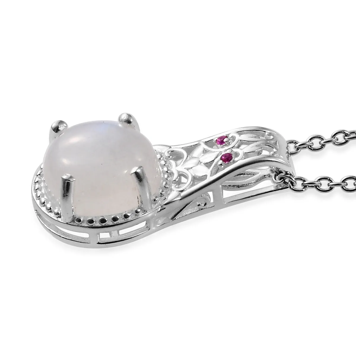 Sterling Silver 3 cts Rainbow Moonstone & Red CZ Pendant with Stainless 20" Chain