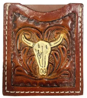 Stick On Steer Head Tooled Leather Cell Phone Card Wallet.