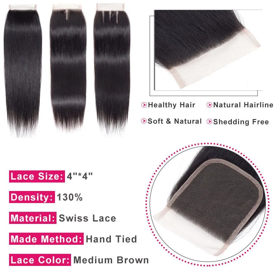 Straight Human Hair Closure 4*4 Lace Closure Natural Color MYLOCKME