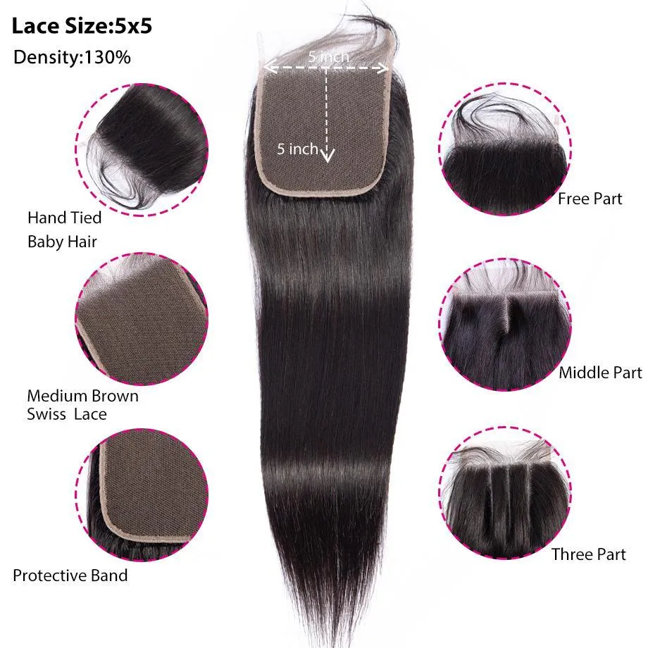 Straight Human Hair Closure 5*5 Lace Remy Lace Closure Natural Color MYLOCKME