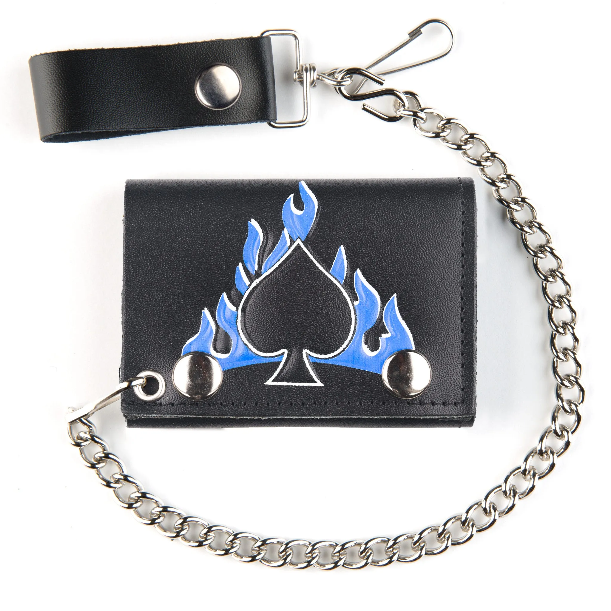 TC304C-82B Tri-Fold Wallet w/ Chain- Spade w/ Blue Flames