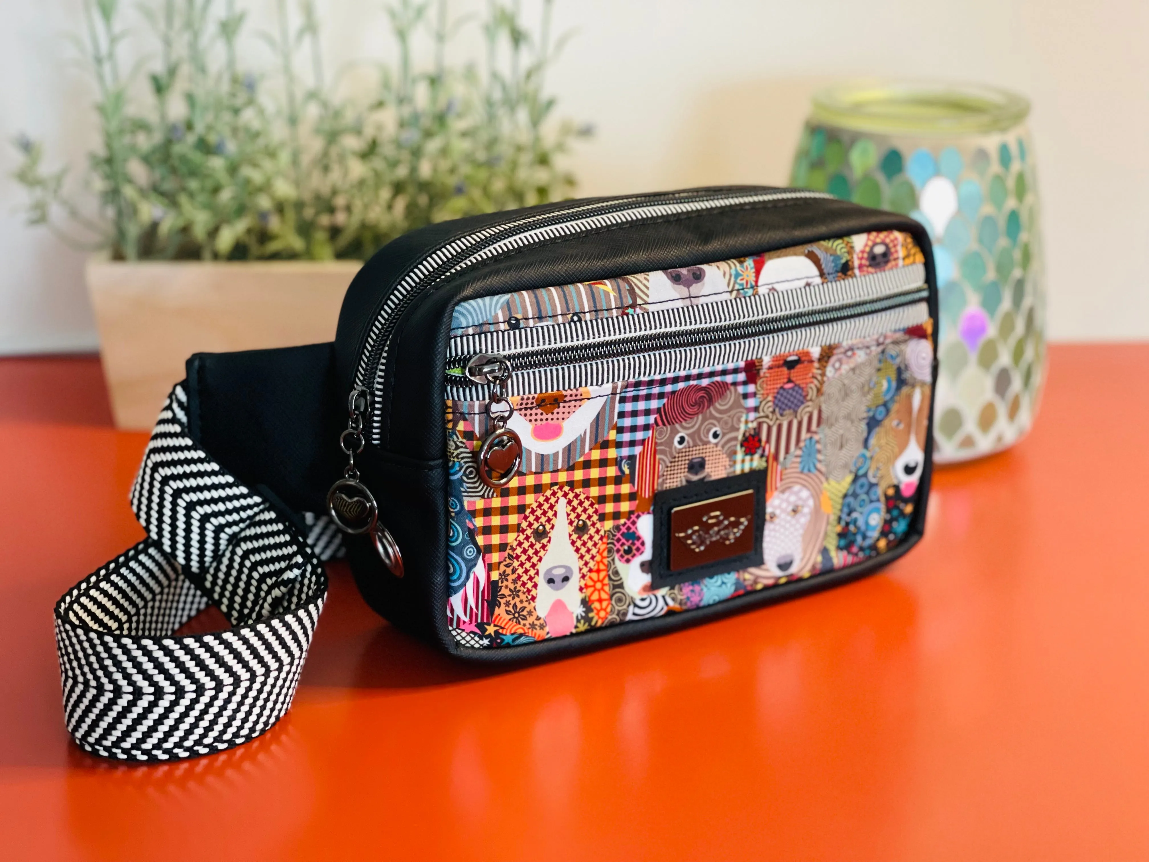 The Joey Dog Walking Bag in Modern Black with Dog Print
