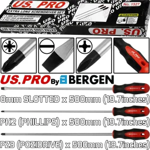 US PRO 3PCS EXTRA LONG MAGNETIC SCREWDRIVERS ( SLOTTED - PHILLIPS - POZIDRIVE )