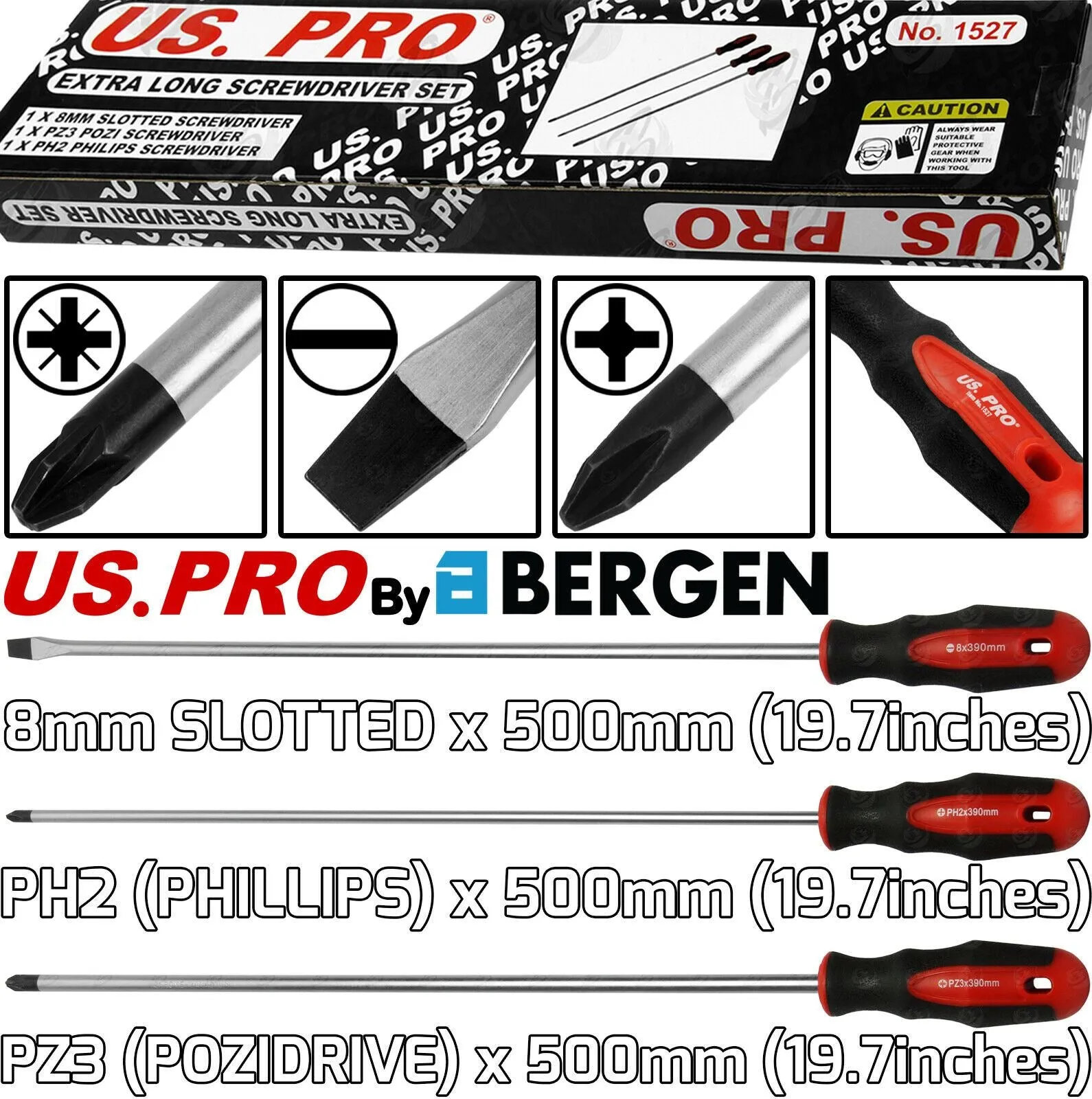 US PRO 3PCS EXTRA LONG MAGNETIC SCREWDRIVERS ( SLOTTED - PHILLIPS - POZIDRIVE )